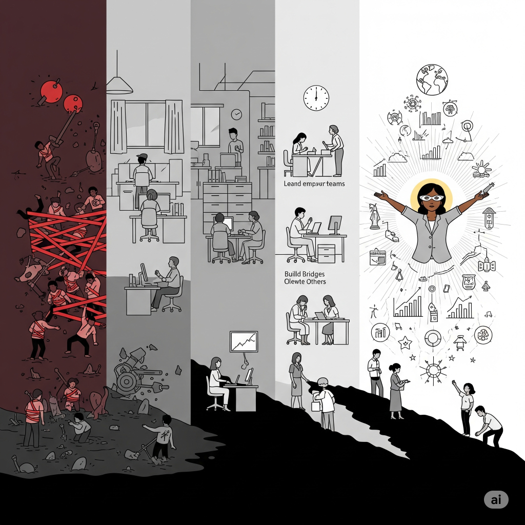 A staged illustration of societal productivity evolution, moving from a primitive, disorganized state, through industrialization and structured work, to a period of advanced collaboration and empowerment, culminating in a future of widespread innovation and positive exponential impact.