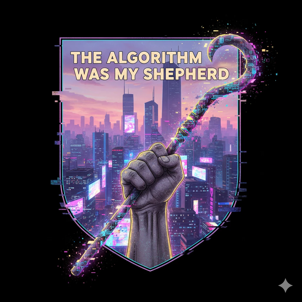 A powerful synthwave illustration. In the center a strong